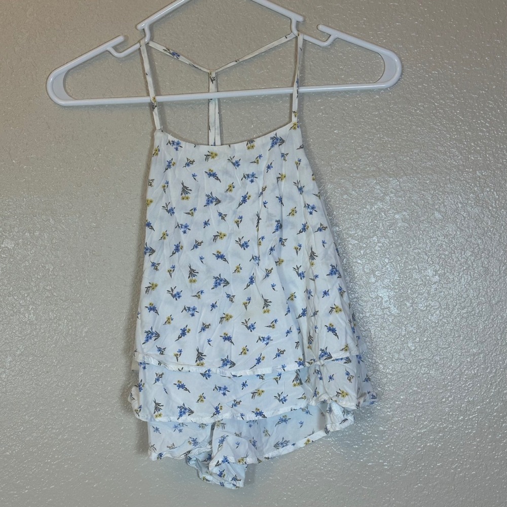 Floral Tiered Ruffle Cami Tank Top White Blue Yellow Strappy T-Back Flowy Womens